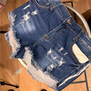 Blue Distressed Jean Shorts with Frayed Hem